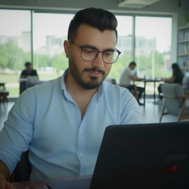 حمید سامیر در حال کار با لپ‌تاپ