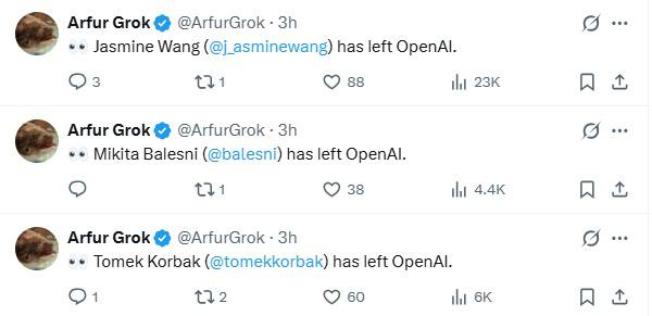 تصویر پستهایی درباره خروج جزمین وانگ، میکیتا بالِسنی و تومک کورباک از OpenAI